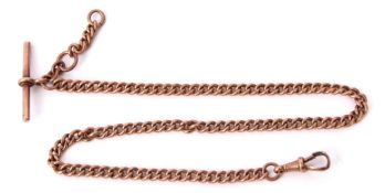 Hallmarked 9ct gold curb link watch chain with T bar and snap, 38cm long, 33gms