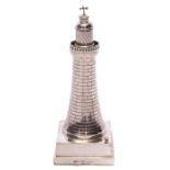 Fine George V novelty silver table lighter modelled as a lighthouse with square loaded base,