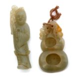 Chinese jade brush washer carved with russet occlusions, together with a jade carving of an