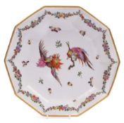 19th century decagonal dish decorated in Meissen style with cock-fighting scene within floral