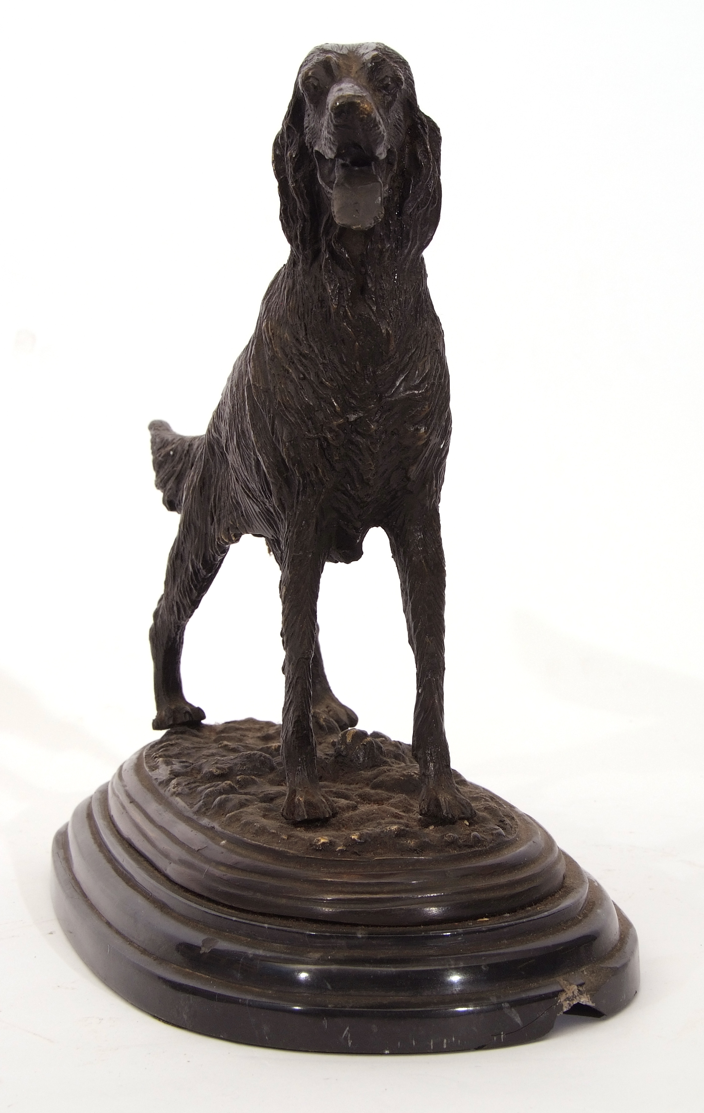 Bronze patinated cast metal study of a retriever dog in the manner of J P Mene on a black marble - Image 3 of 5