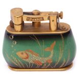 Carlton Ware Dunhill and gilt metal table lighter in "River Fish" pattern, stamped "Dunhill" to