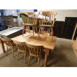 MODERN RECTANGULAR PINE FARMHOUSE KITCHEN TABLE ON TURNED LEGS TOGETHER WITH A SET OF EIGHT