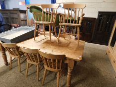 MODERN RECTANGULAR PINE FARMHOUSE KITCHEN TABLE ON TURNED LEGS TOGETHER WITH A SET OF EIGHT