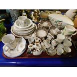 TRAY CONTAINING MIXED TEA WARES, MASONS VISTA CUPS AND SAUCERS, CRESTED WARES ETC