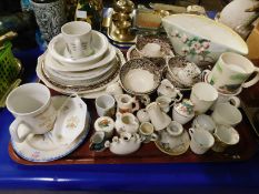 TRAY CONTAINING MIXED TEA WARES, MASONS VISTA CUPS AND SAUCERS, CRESTED WARES ETC