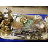TRAY CONTAINING MIXED SOUVENIRS, SPOONS, PART DRESSING TABLE SETS ETC