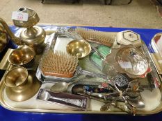 TRAY CONTAINING MIXED SOUVENIRS, SPOONS, PART DRESSING TABLE SETS ETC