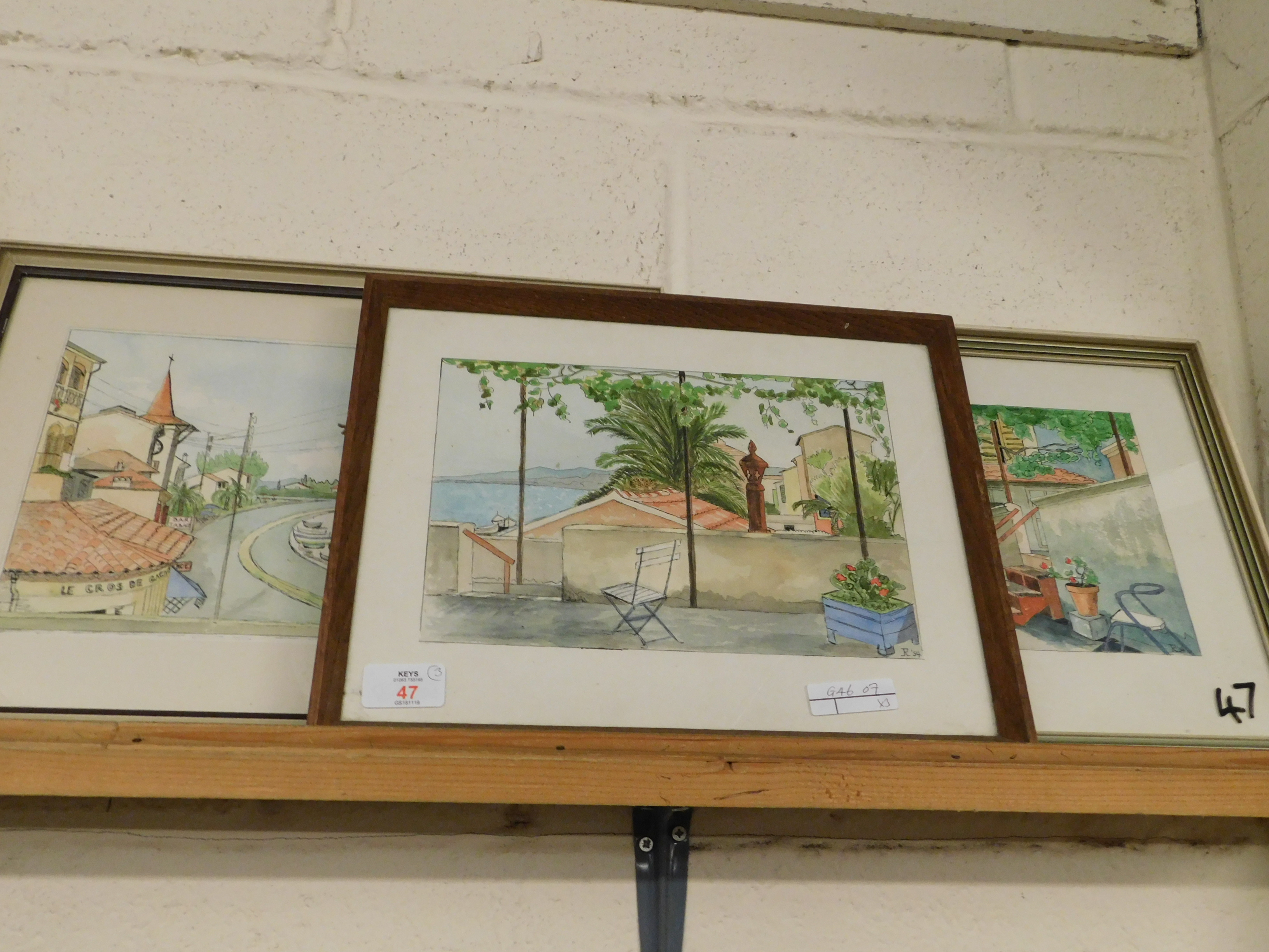 THREE FRAMED WATERCOLOURS OF CONTINENTAL VIEWS, INITIALLED 'R' DATED 54