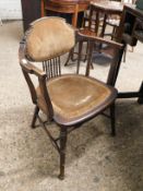 EDWARDIAN MAHOGANY FRAMED ARMCHAIR WITH UPHOLSTERED SEAT AND BACK WITH SPINDLE DETAIL