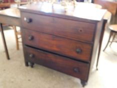 19TH CENTURY MAHOGANY CHEST WITH THREE FULL WIDTH DRAWERS WITH TURNED KNOB HANDLES