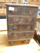 STAINED PINE FRAMED APPRENTICE CHEST WITH TWO DRAWERS OVER THREE FULL WIDTH DRAWERS (LACKING