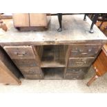 GOOD QUALITY HEAVY DUTY WORK BENCH OR CLERK'S BENCH FITTED WITH EIGHT DRAWERS WITH OPEN SHELVES