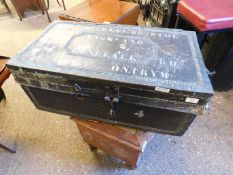 19TH CENTURY LEATHER AND BRASS BUTTONED TRUNK WITH STENCILLED WRITING FOR MR BUCKLEY BRISTOL