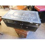 19TH CENTURY LEATHER AND BRASS BUTTONED TRUNK WITH STENCILLED WRITING FOR MR BUCKLEY BRISTOL