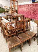 SET OF FOUR MAHOGANY SPLAT BACK DINING CHAIRS WITH BROWN VELOUR DROP IN SEATS