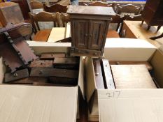 TWO BOXES OF MIXED 19TH CENTURY DRAWERS, MAHOGANY SHELF UNIT, SMALL OAK APPRENTICE PIECE FORMED AS A