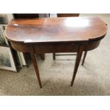 19TH CENTURY MAHOGANY AND SATINWOOD BANDED FOLD OVER TEA TABLE ON TAPERING SQUARE SPADE FEET