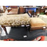 VICTORIAN MAHOGANY SQUARE YELLOW DRALON UPHOLSTERED TOP FOOT STOOL TOGETHER WITH ONE OTHER (2)