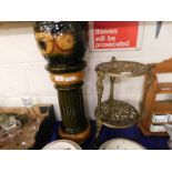 BROWN GLAZED JARDINIERE AND STAND AND A BRASS PAN STAND (2)