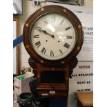 WALNUT AND INLAID CIRCULAR DROP DIAL CLOCK WITH ENAMELLED ARABIC CHAPTER RING