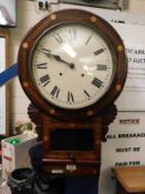 WALNUT AND INLAID CIRCULAR DROP DIAL CLOCK WITH ENAMELLED ARABIC CHAPTER RING