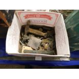 BOX CONTAINING MIXED ANTIQUE FURNITURE FITTINGS ETC, BRASS SWORD HANDLE AND BLADE