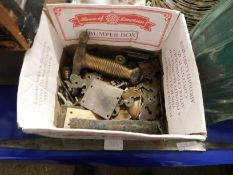 BOX CONTAINING MIXED ANTIQUE FURNITURE FITTINGS ETC, BRASS SWORD HANDLE AND BLADE