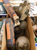 BOX CONTAINING MIXED BOXED ALADDIN LAMP CHIMNEYS, FOUR GLASS LAMP, OIL LAMPS ETC