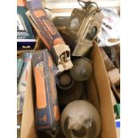BOX CONTAINING MIXED BOXED ALADDIN LAMP CHIMNEYS, FOUR GLASS LAMP, OIL LAMPS ETC