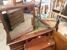 MAHOGANY FRAMED WALL MOUNTED MIRRORED DOOR CUPBOARD TOGETHER WITH A TABLE TOP BOOK STAND