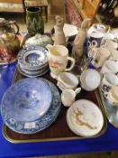 TRAY CONTAINING PART ORIENTAL TEA WARES, BLUE AND WHITE PRINTED PLATES, IMARI BOWL ETC