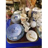 TRAY CONTAINING PART ORIENTAL TEA WARES, BLUE AND WHITE PRINTED PLATES, IMARI BOWL ETC