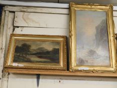 19TH CENTURY GILT FRAMED PICTURE OF A MOUNTAINOUS LANDSCAPE SCENE TOGETHER WITH A FURTHER GILT