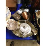 MIXED LOT OF SILVER PLATED WARES, DISHES, COPPER TANKARD ETC