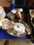 MIXED LOT OF SILVER PLATED WARES, DISHES, COPPER TANKARD ETC