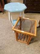 BLUE AND CREAM PAINTED UPCYCLED HEXAGONAL TOP TABLE TOGETHER WITH A BAMBOO CONSERVATORY TABLE (2)