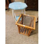 BLUE AND CREAM PAINTED UPCYCLED HEXAGONAL TOP TABLE TOGETHER WITH A BAMBOO CONSERVATORY TABLE (2)