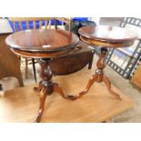 PAIR OF REPRODUCTION MAHOGANY CIRCULAR WINE TABLES ON TRIPOD BASES