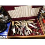 TEAK CASED SET OF SILVER PLATED CUTLERY, BONE HANDLED CUTLERY ETC