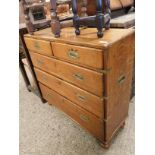 OAK FRAMED SMALL PROPORTIONED CAMPAIGN TYPE CHEST WITH TWO OVER THREE FULL WIDTH DRAWERS WITH