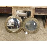 TWO PRESSED BRASS CIRCULAR WALL MIRRORS TOGETHER WITH A FURTHER RESIN RECTANGULAR WALL MIRROR (3)