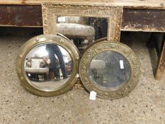 TWO PRESSED BRASS CIRCULAR WALL MIRRORS TOGETHER WITH A FURTHER RESIN RECTANGULAR WALL MIRROR (3)