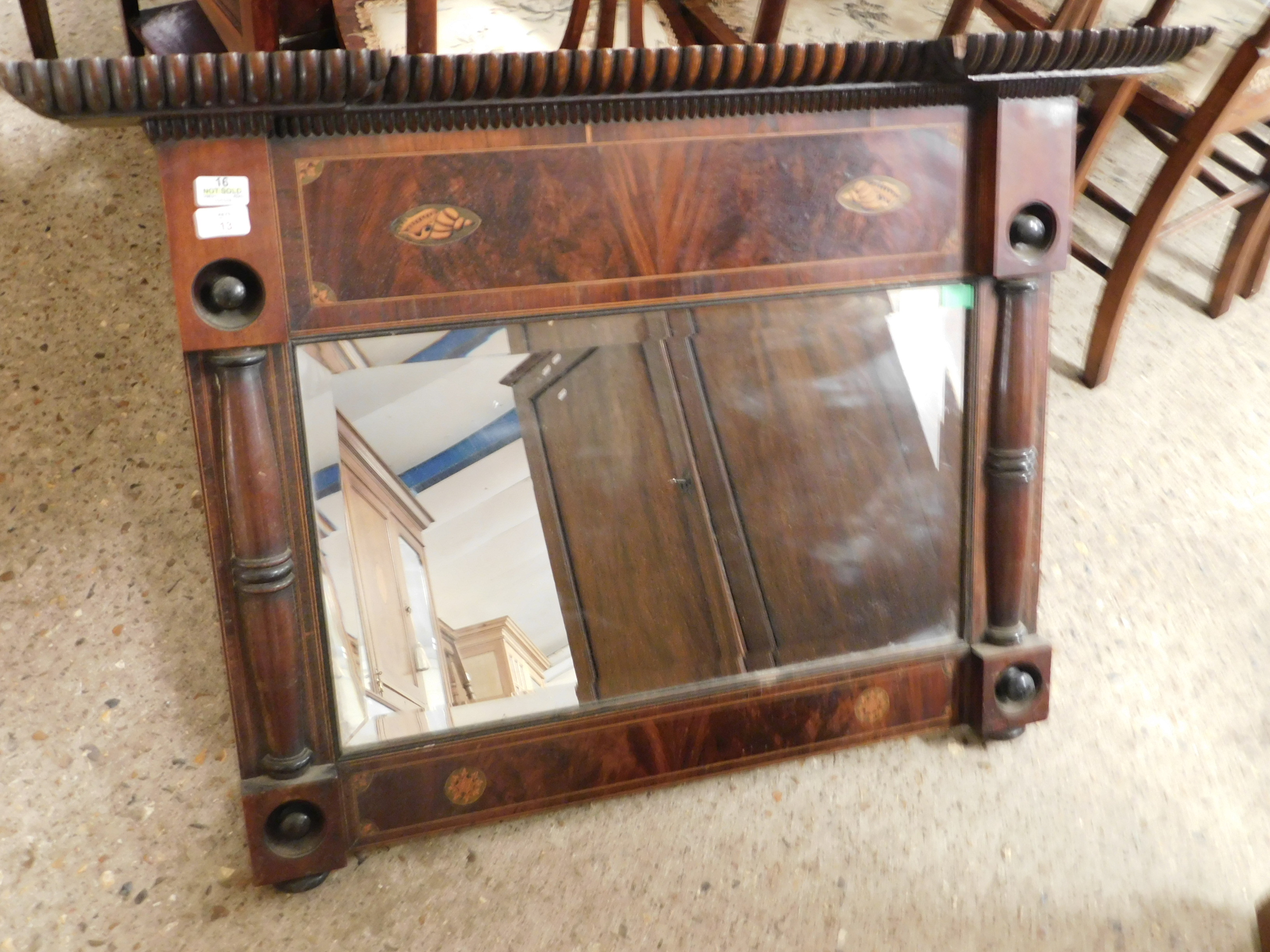 19TH CENTURY MAHOGANY OVERMANTEL MIRROR INLAID WITH SHERATON STYLE SHELL PANELS AND STYLISED FOLIATE