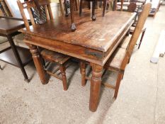 EASTERN HARDWOOD RECTANGULAR DINING TABLE WITH BUTTON DETAIL TOGETHER WITH A SET OF FOUR HARD SEATED
