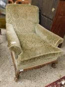 GOOD QUALITY CLUB CHAIR WITH SQUAT CABRIOLE LEGS AND CARVED DETAIL