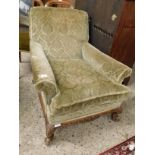 GOOD QUALITY CLUB CHAIR WITH SQUAT CABRIOLE LEGS AND CARVED DETAIL