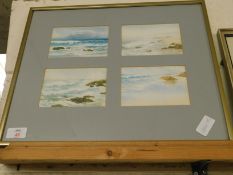 BRASS FRAMED PICTURE WITH FOUR COASTAL WATERCOLOURS