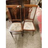 SET OF FOUR EDWARDIAN MAHOGANY AND BANDED SPLAT BACK BEDROOM CHAIRS WITH FLORAL UPHOLSTERED SEATS