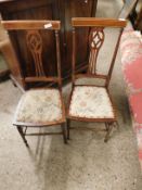 SET OF FOUR EDWARDIAN MAHOGANY AND BANDED SPLAT BACK BEDROOM CHAIRS WITH FLORAL UPHOLSTERED SEATS